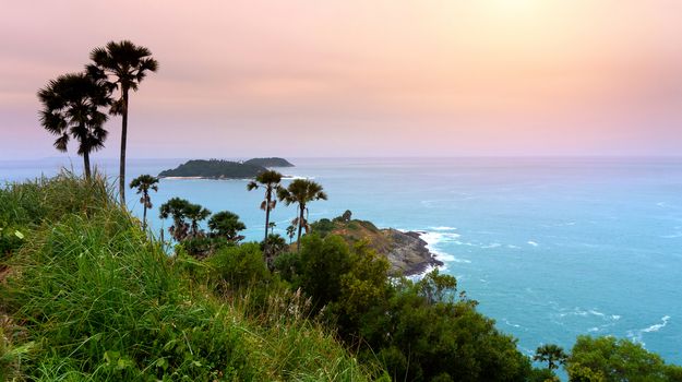 Panorama view of Promthep Cape Viewpoint in the evening at sunset, Phuket, Thailand.