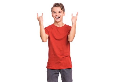 Handsome teen boy laughing looking very happy, isolated on white background.