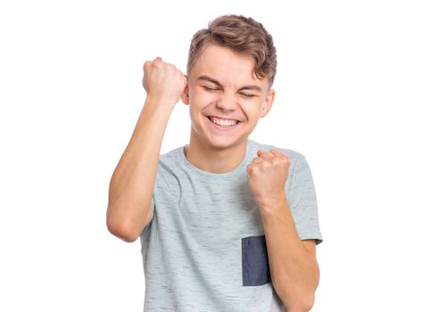 Happy boy showing victory sign isolated on white background