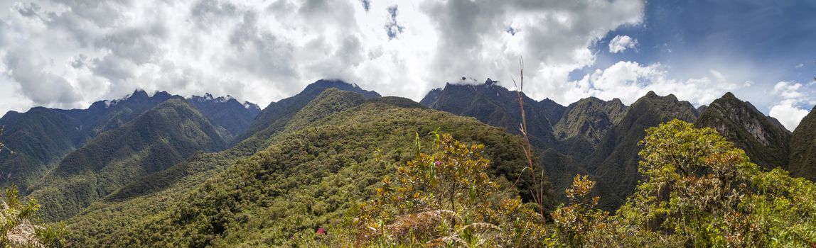 Panoramic view of the mountains that surround the city of Machu Picchu, Peru.