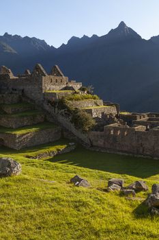 Machu Picchu, Peru - April 6, 2014: Detail view of a section of the main square of Machu Picchu, Peru.