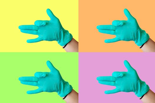 Collage on a colored background on a medical subject: a female hand in a blue latex glove makes a gesture similar to a dog s face with an open mouth. Medical health concept.