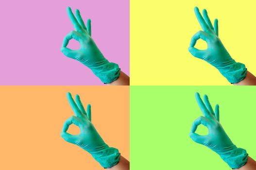 Collage on a colored background on a medical subject: a female hand in a blue latex glove makes a gesture all is well. Medical health concept.