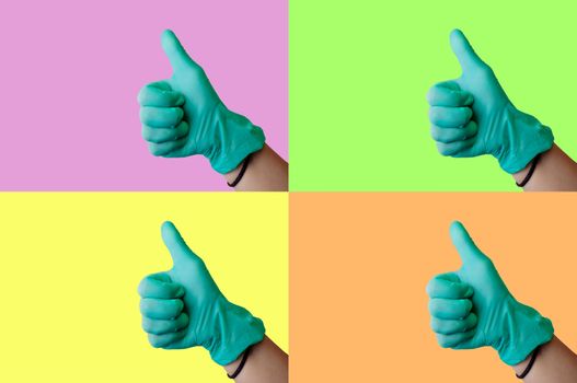 Collage on a colored background on a medical theme: a female hand in a blue latex glove makes a thumbs up like gesture. Medical health concept.