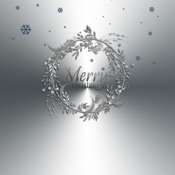 Beautiful silver floral 3D illustartion of Christmas wreath on metal grey background. Elegan design for card, weddings,