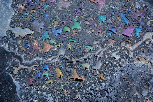 Colorful gas stain on wet asphalt. Oil stain caused by a leak under a car or truck.