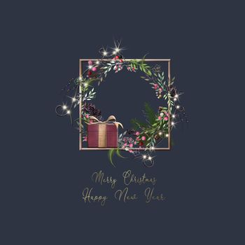 Merry Christmas Happy New Year card. Christmas wreath with gift box and lights on blue background. Magic trendy luxury colour in 3D illustration