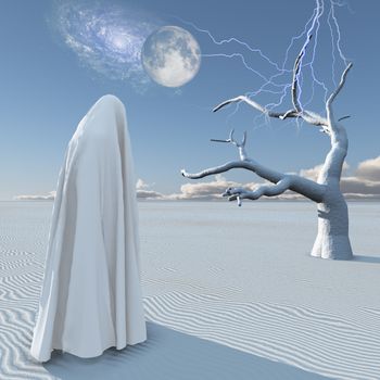 Figure in white clothes stands in surreal white desert. 3D rendering