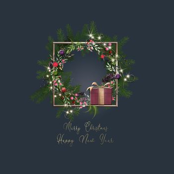 Christmas floral wreath with gift box and lights on blue background. Unique design in 3D illustration in modern trendy style