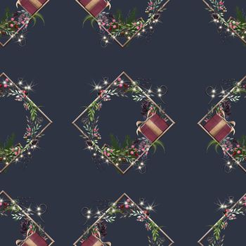 Christmas seamless pattern. Christmas floral wreath with gift box and lights on blue background. Unique design in 3D illustration in modern trendy style for festive holiday season design