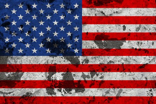 United States of America flag on old wall. Patriotic grunge background. National flag of United States of America