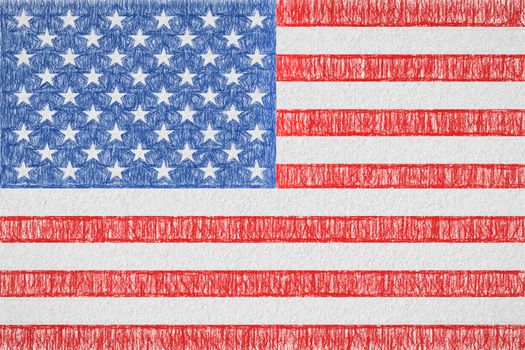 United States of America painted flag. Patriotic drawing on paper background. National flag of United States of America