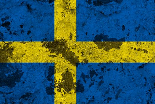 Sweden flag on old wall. Patriotic grunge background. National flag of Sweden