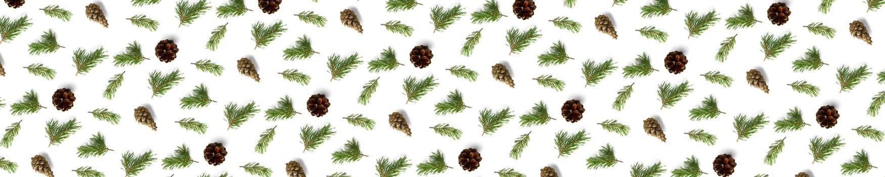 Creative Pine cone Christmas background on green. Pine branches and cones. minimal creative cone arrangement pattern. flat lay, top view. new year background wallpaper. Nature pinecone modern christmas Background