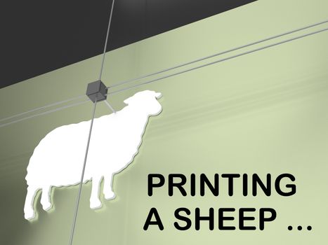 3D illustration of a sheep figure under a three dimensional printer, along with the text PRINTING A SHEEP text