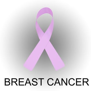 3D illustration Breast Cancer script below a pink awareness ribbon of, isolated over gray gradient.