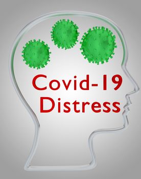 3D illustration of head silhouette containing the text Covid-19 Distress ubder three coronavirus particles , isolated over gray gradient.