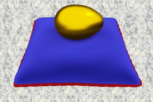 3D illustration of golden egg on blue velvet pillow, isolated over a pattern overlay.