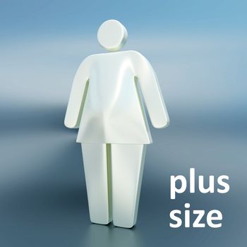 3D illustration of an overweight woman silhouette with plus size script, isolated over blue background.
