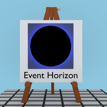 3D illustration of Event Horizon title under black hole virtualization on a tripod display board