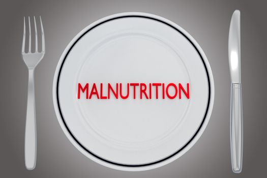 3D illustration of MALNUTRITION title on a white plate, along with silver knif and fork, over a gray gradient.