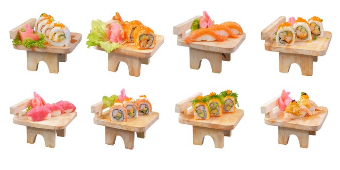 Japanese Cuisine - Sushi Roll on wood plate in white background