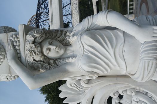 CHUNCHEON, SOUTH KOREA- October-03, 2020: White marble statue of Greek Goddess Head with lovely hair settled in a public park