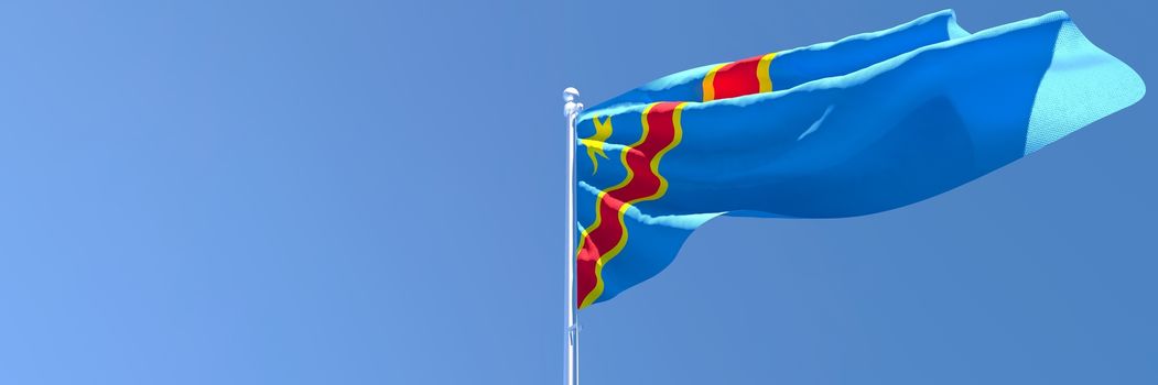 3D rendering of the national flag of Congo waving in the wind against a blue sky