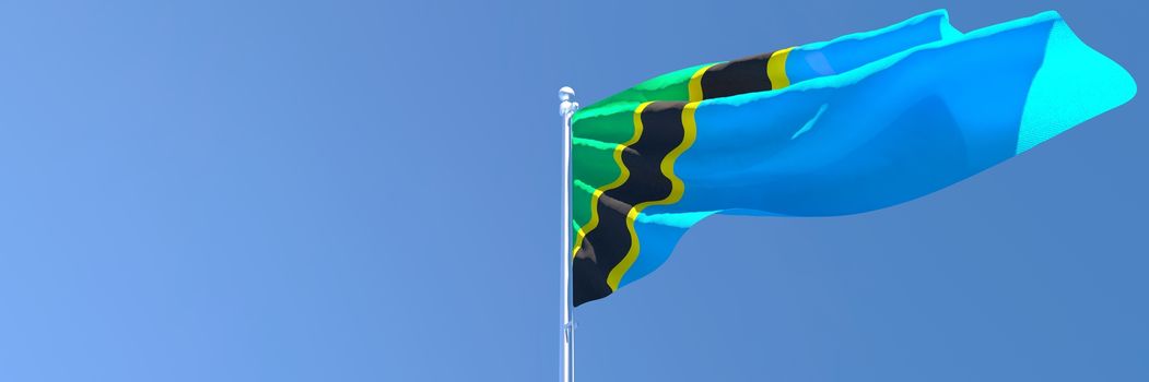 3D rendering of the national flag of Tanzania waving in the wind against a blue sky