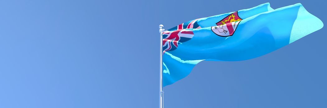 3D rendering of the national flag of Fiji waving in the wind against a blue sky