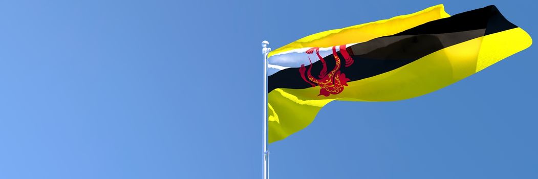 3D rendering of the national flag of Brunei waving in the wind against a blue sky