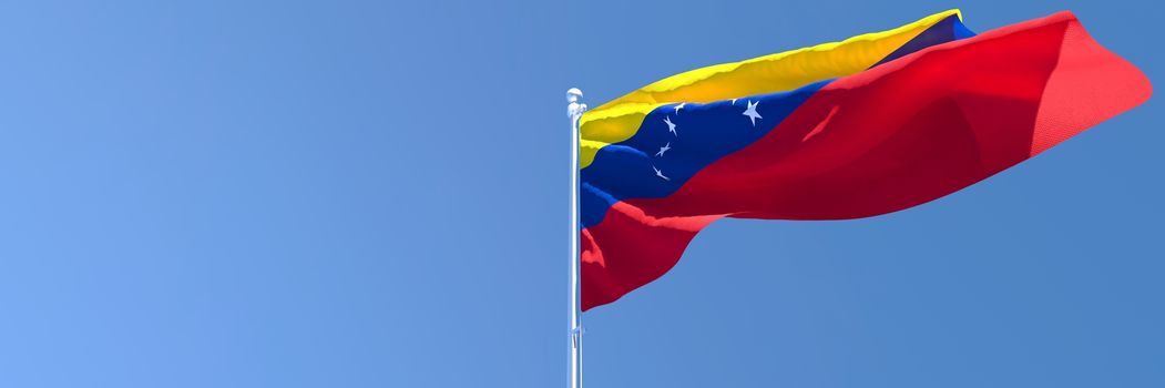 3D rendering of the national flag of Venezuela waving in the wind against a blue sky