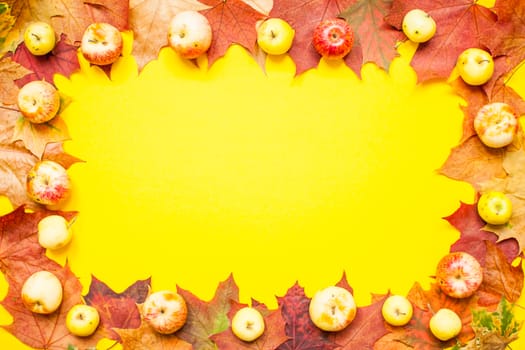 Frame made from red and orange autumn maple leaves and garden apples on a bright yellow background. Layout. Flat lay