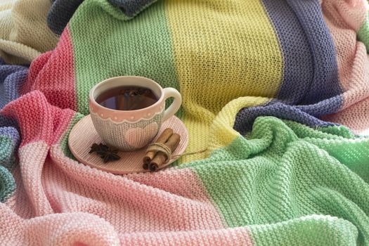 Autumn concept, mug of tea with spices and a chunky knitted woolen colorful background.