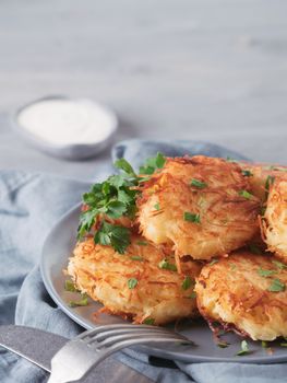 Close up view of potato pancakes. Potato flapjack on gray plate over gray wooden table, with fresh parsley and sour cream. Copy space for text. Vertical.