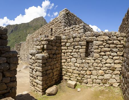 Machu Picchu, Peru - April 6, 2014: Architecture and details of the ancestral constructions and buildings of the Inca civilization, in Machu Picchu, Peru.