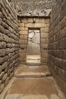 Machu Picchu, Peru - April 6, 2014: Architecture and details of the ancestral constructions and buildings of the Inca civilization, in Machu Picchu, Peru.