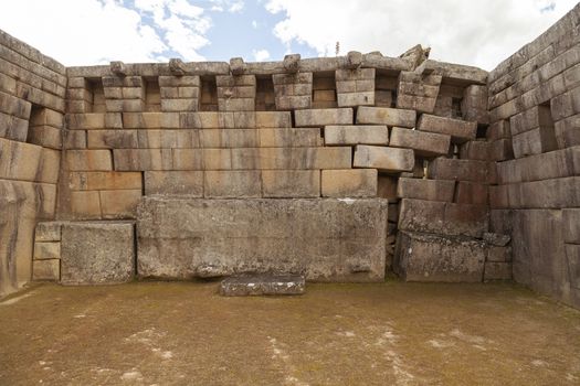 Machu Picchu, Peru - April 6, 2014: Architecture and details of the ancestral constructions and buildings of the Inca civilization, Main Temple in Machu Picchu, Peru.