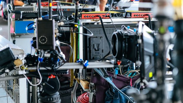 Film industry. Image of professional camera and equipment background