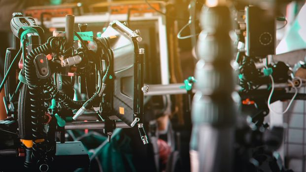 Film industry. Image of professional camera and equipment background