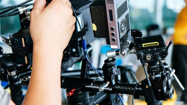 Film industry. Image of professional camera and equipment background