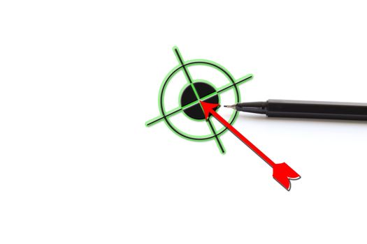 Pen, icon of dart target arrow hitting on bullseye in dartboard. Business accuracy success concept. Goal setting and SMART objectives