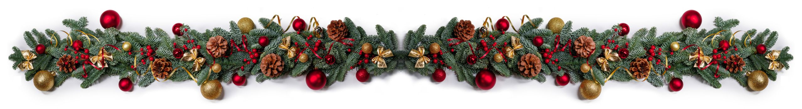 New Year and Christmas border design isolated on white background, fir tree branches ribbon bows golden and red decorative baubles and pine cones traditional design