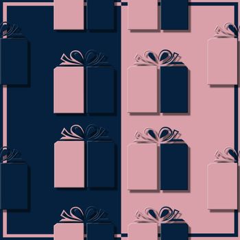 Trendy seamless pattern for Christmas, birthday. Blue Pink gift box. 3D illustration