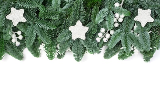 Christmas design boder frame greeting card of noble fir tree branches and white decor isolated on white background
