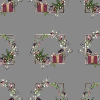 Christmas seamless pattern in 3D illustration. Christmas wreath on pastel background for Christmas holiday season design