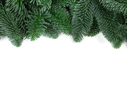 Traditional green christmas tree noble fir border frame isolated on white background copy space for text