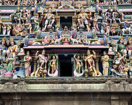 Multicolored painted God sculptures found in the tower of ancient historical Hindu temple in Tamilnadu