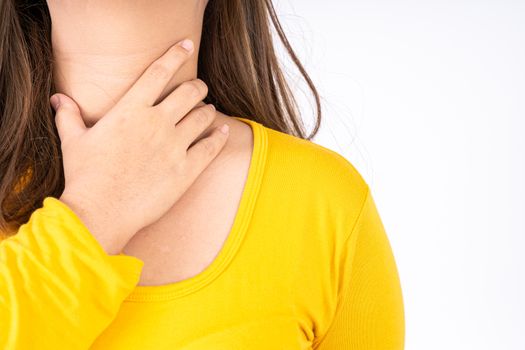 Female hand touching thyroid nodule. Medical, healthcare for advertising concept.