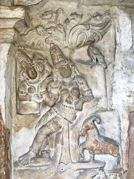 Sandstone carving of ancient sculptures of Hindu Gods in the temples in Kanchipuram
